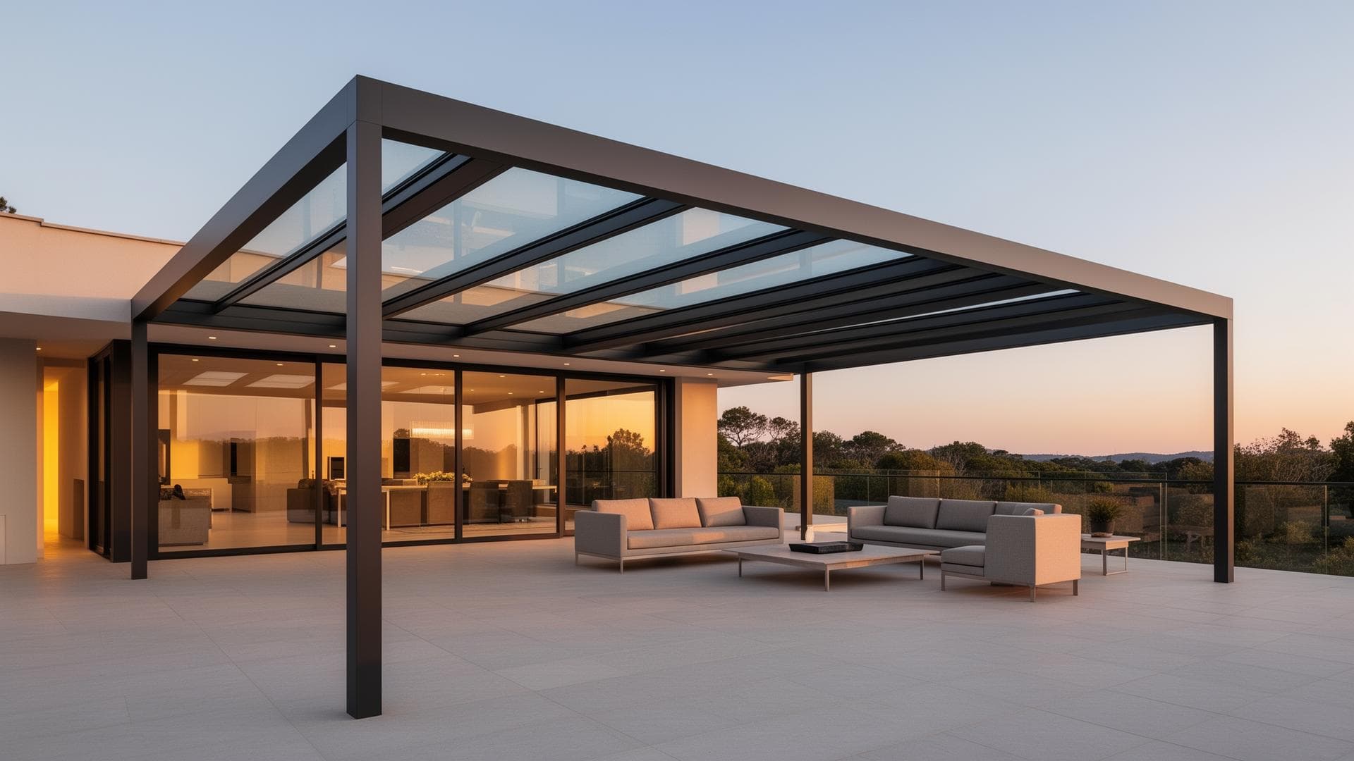 Terrassenüberdachung aus anthrazitfarbenem Aluminium mit Glasdach über einer möblierten Terrasse